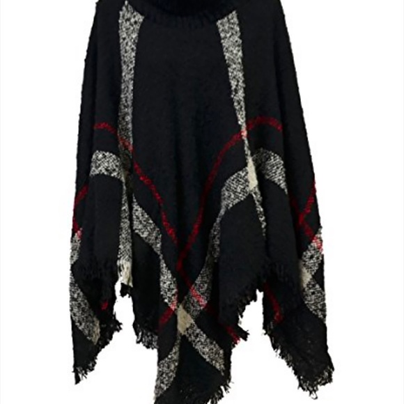 Long knitted fringe trim sweaters PONCHO CAPE WRAP - Picture 2 of 2
